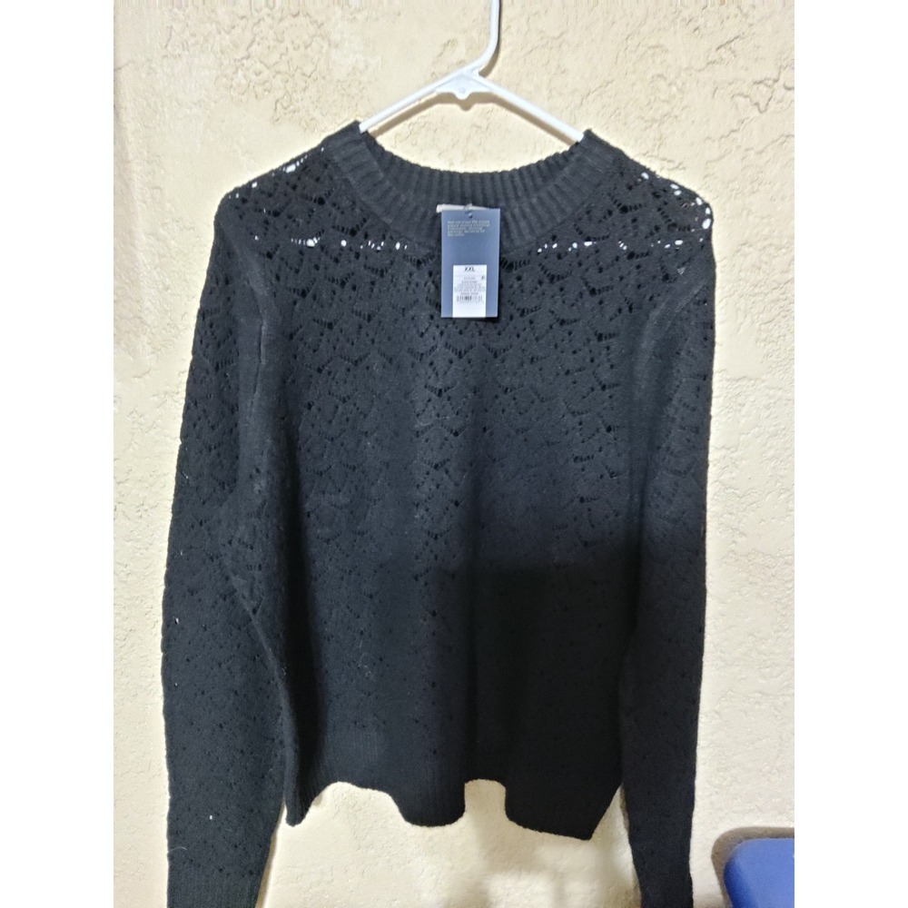 Universal Thread Womens XXL Black Pointelle Knit Crewneck Sweater NWT